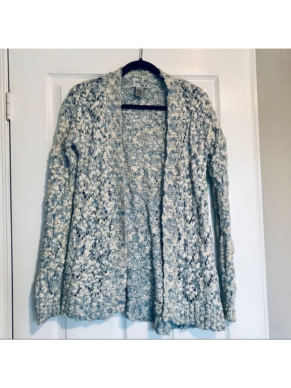 WD NY Open Knit White and Blue Cardigan Sweater Size Small